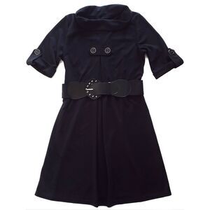 PAPILLON cowl neck belted black short tab sleeve box pleat dress Size Medium NEW